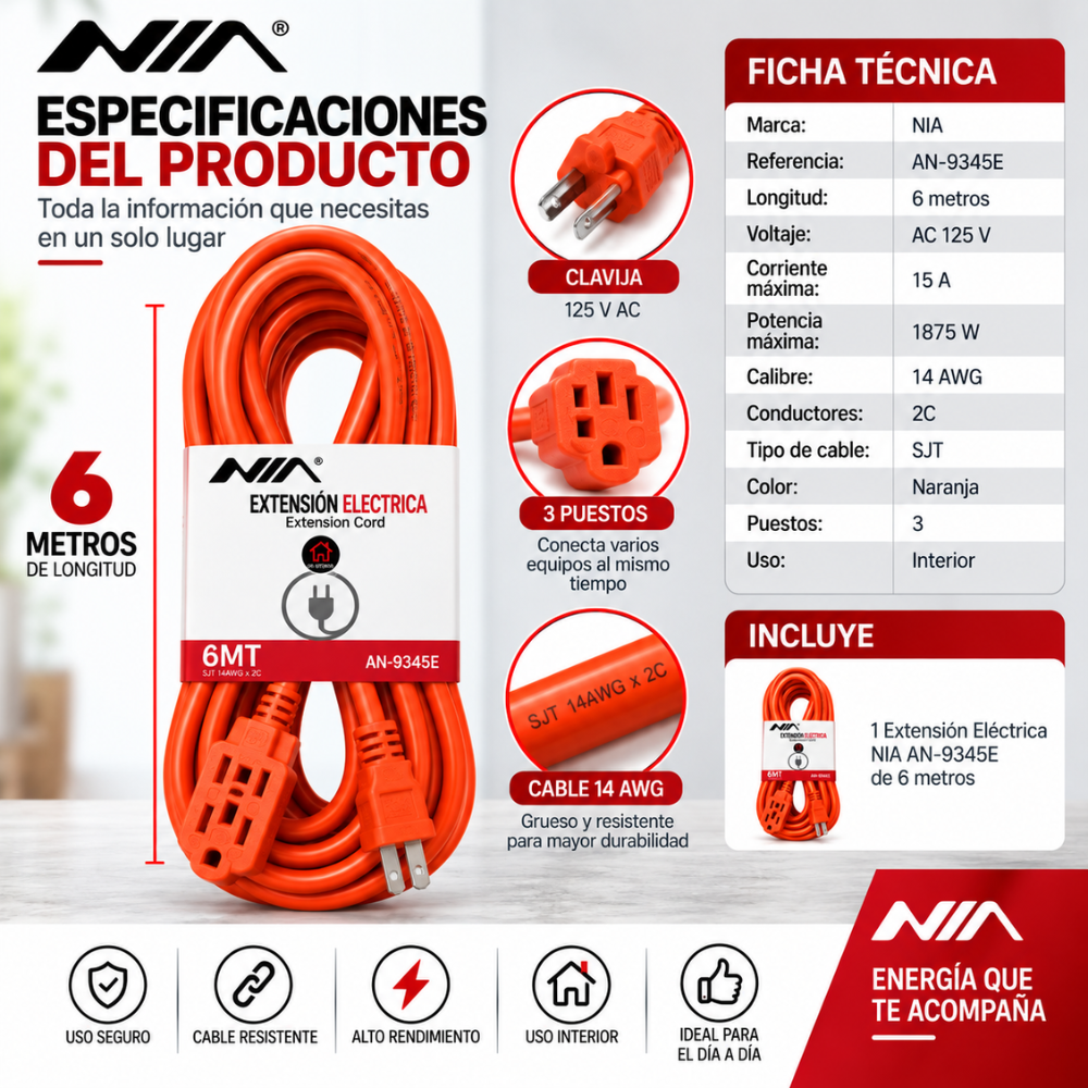 Extensión Eléctrica NIA 6 Metros 15A 1875W Cable Grueso 14AWG 3 Puestos - Image 6