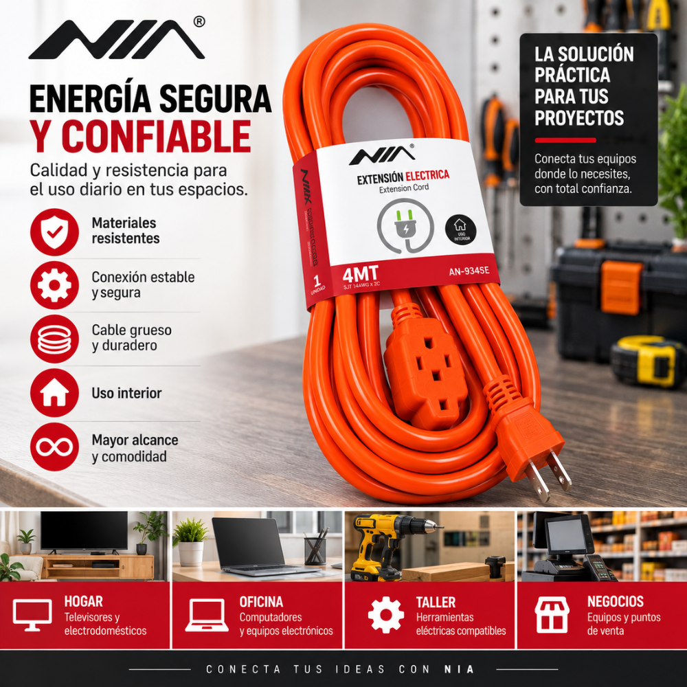 Extensión Eléctrica NIA 4 Metros 15A 1875W 3 Puestos Cable Grueso Hogar Oficina - Image 6