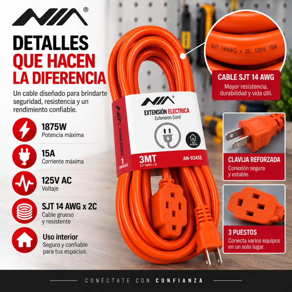 Extensión Eléctrica NIA 3 Metros 15A 1875W 3 Puestos Cable Grueso Hogar Oficina - Image 6