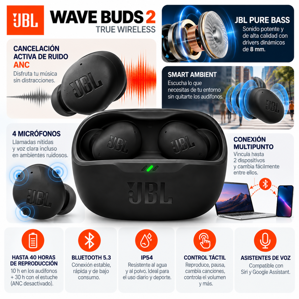 JBL Wave Buds 2 Audífonos Bluetooth 5.3 ANC Pure Bass IP54 Negros - Image 6
