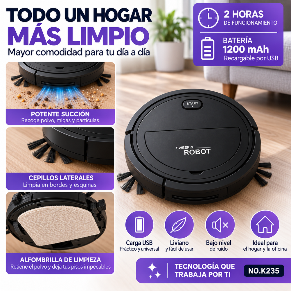 Robot Aspiradora K235 1200mAh Recargable Mopa Limpieza Automática - Image 7