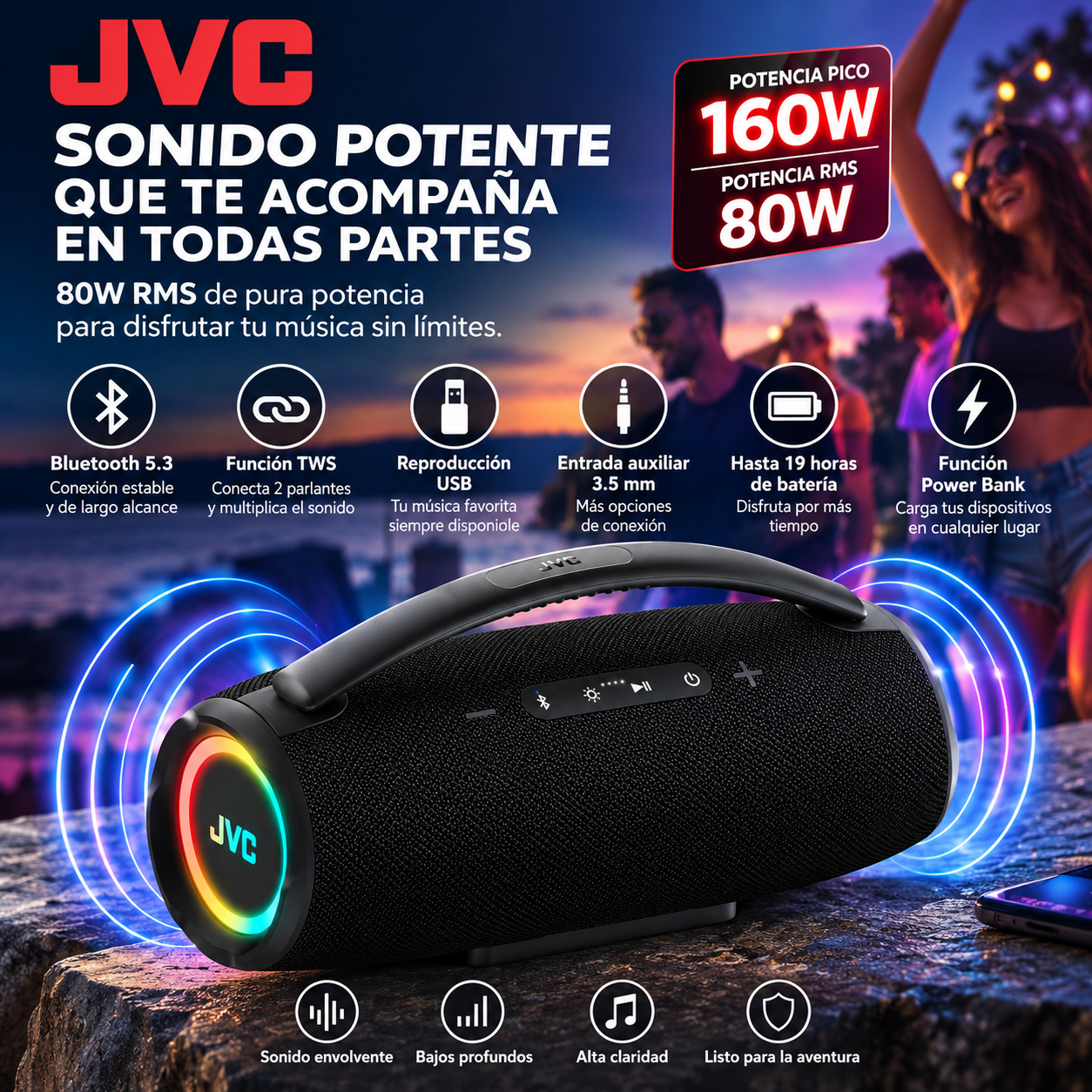 Parlante Bluetooth JVC 80W Portátil IPX6 Luz Ambiental Bluetooth 5.3 Con Luz RGB - Image 7
