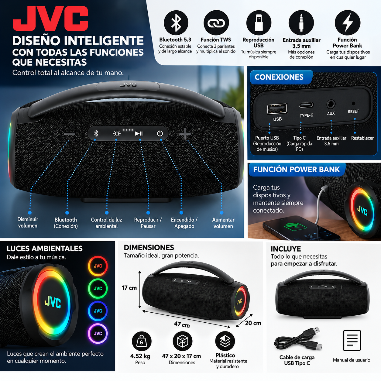 Parlante Bluetooth JVC 80W Portátil IPX6 Luz Ambiental Bluetooth 5.3 Con Luz RGB - Image 6