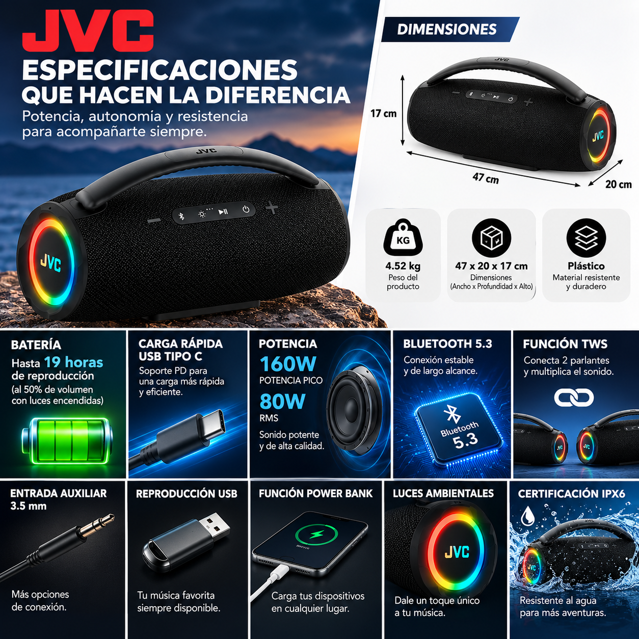 Parlante Bluetooth JVC 80W Portátil IPX6 Luz Ambiental Bluetooth 5.3 Con Luz RGB - Image 5