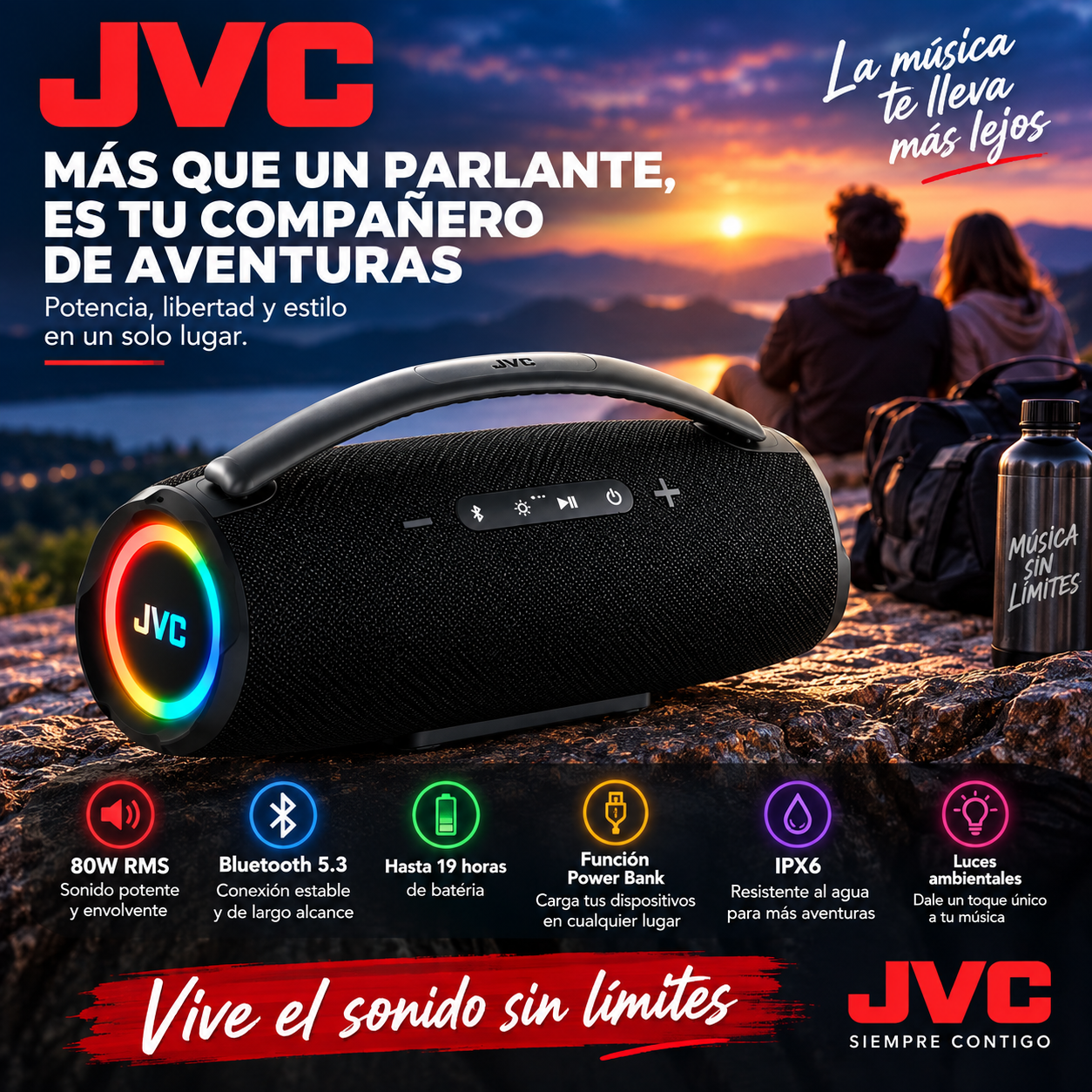 Parlante Bluetooth JVC 80W Portátil IPX6 Luz Ambiental Bluetooth 5.3 Con Luz RGB - Image 4