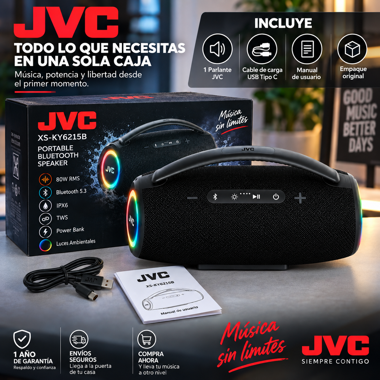 Parlante Bluetooth JVC 80W Portátil IPX6 Luz Ambiental Bluetooth 5.3 Con Luz RGB - Image 2