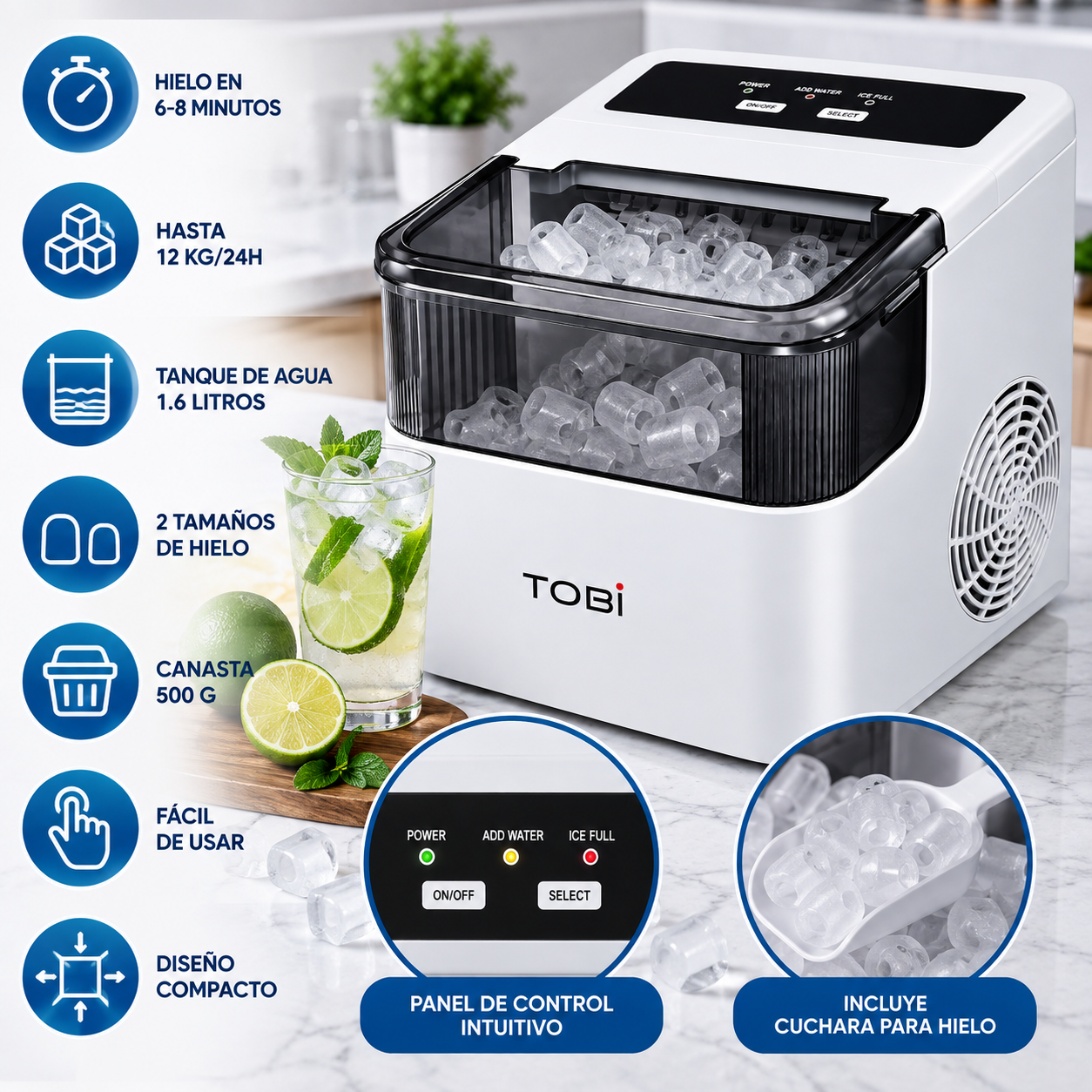 Máquina De Hielo TOBi TB-966 1.6L 12Kg/24H 2 Tamaños Portátil Automática - Image 6