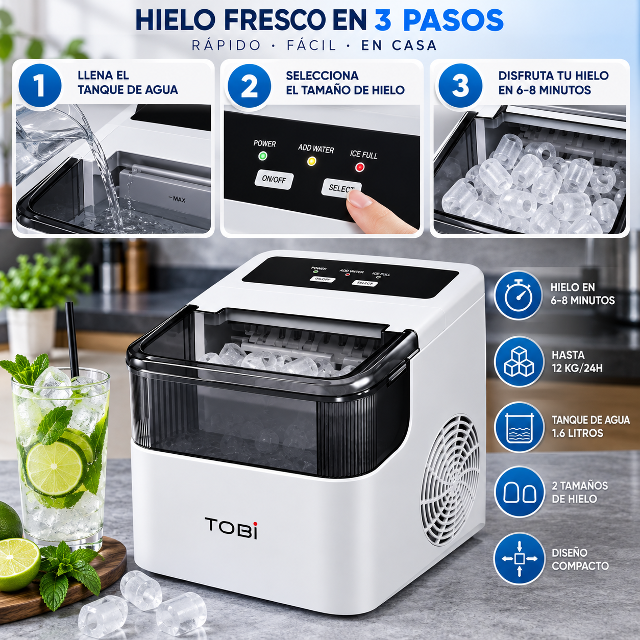 Máquina De Hielo TOBi TB-966 1.6L 12Kg/24H 2 Tamaños Portátil Automática - Image 5