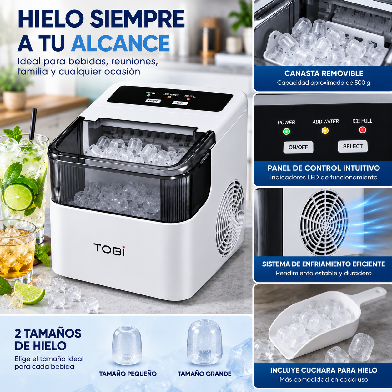 Máquina De Hielo TOBi TB-966 1.6L 12Kg/24H 2 Tamaños Portátil Automática - Image 4