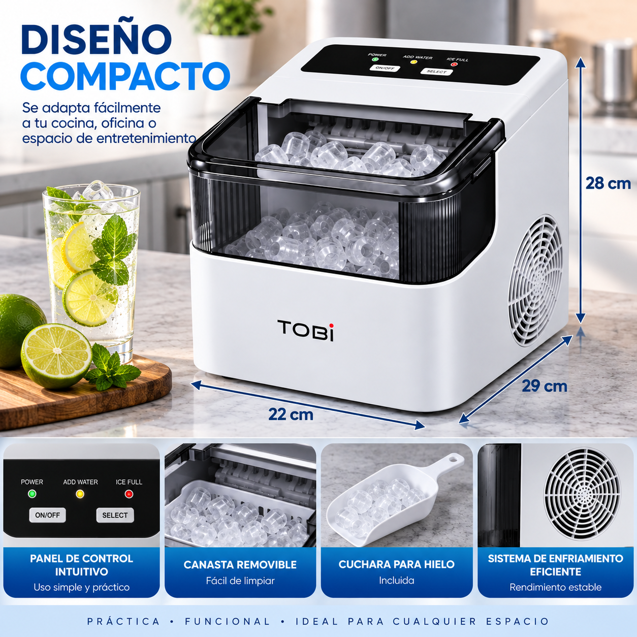 Máquina De Hielo TOBi TB-966 1.6L 12Kg/24H 2 Tamaños Portátil Automática - Image 2