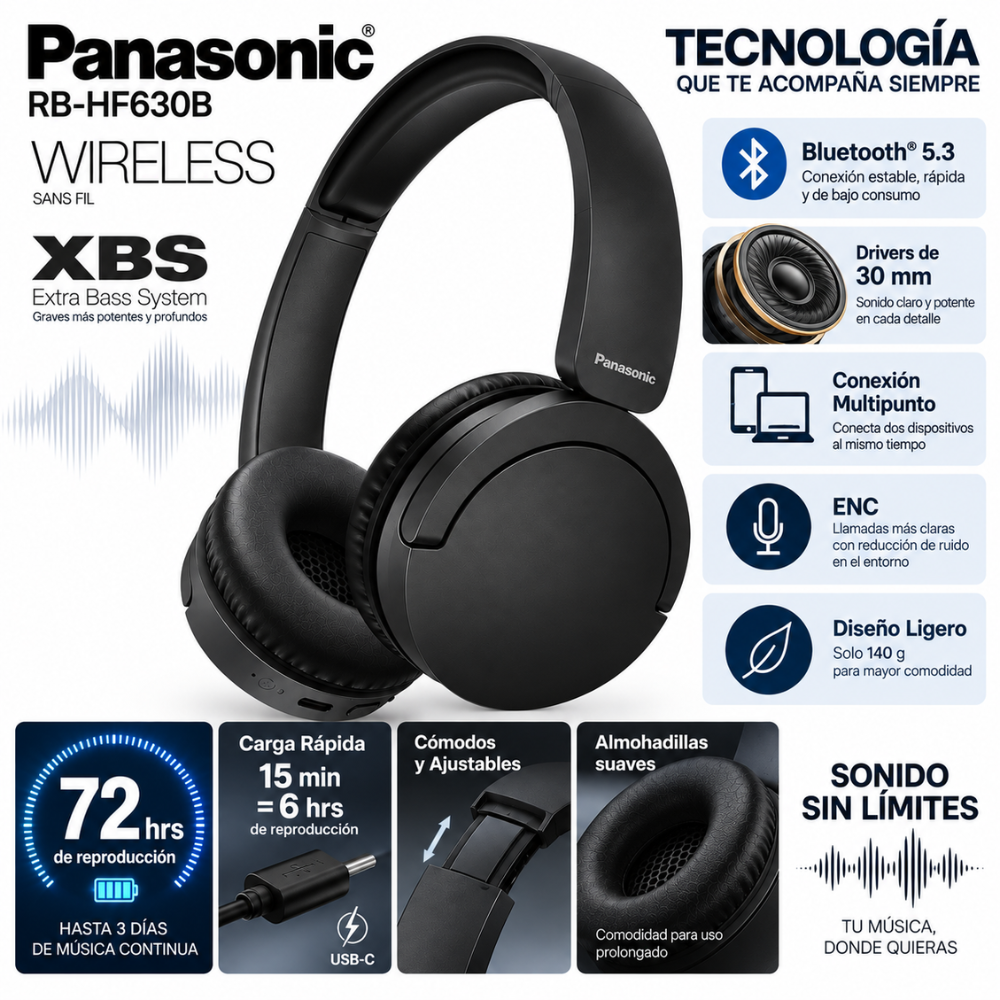 Audífonos Panasonic RB-HF630B Bluetooth 5.3 72H XBS Multipunto - Image 3