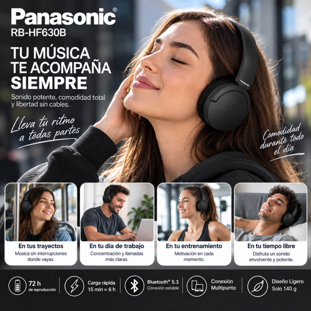 Audífonos Panasonic RB-HF630B Bluetooth 5.3 72H XBS Multipunto - Image 4