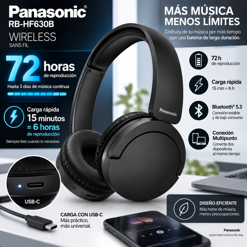 Audífonos Panasonic RB-HF630B Bluetooth 5.3 72H XBS Multipunto - Image 5