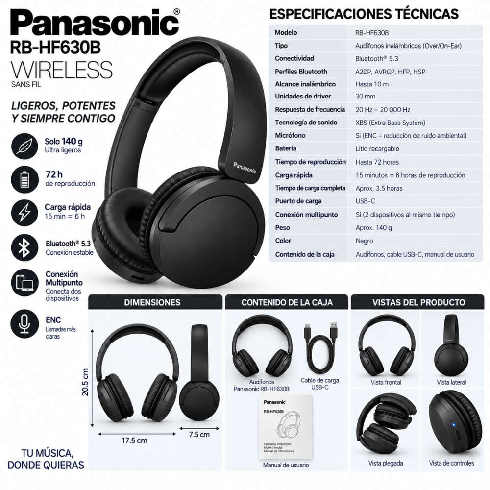 Audífonos Panasonic RB-HF630B Bluetooth 5.3 72H XBS Multipunto - Image 6