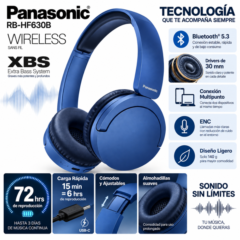 Audífonos Panasonic RB-HF630B Bluetooth 5.3 72H XBS Multipunto - Image 9