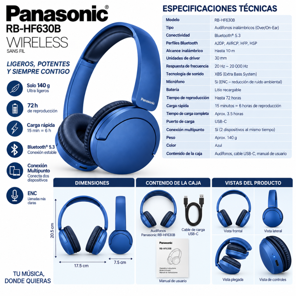 Audífonos Panasonic RB-HF630B Bluetooth 5.3 72H XBS Multipunto - Image 12