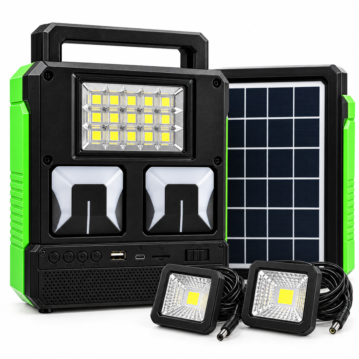 Kit Solar Bluetooth Radio FM USB Panel Solar y 2 Reflectores LED