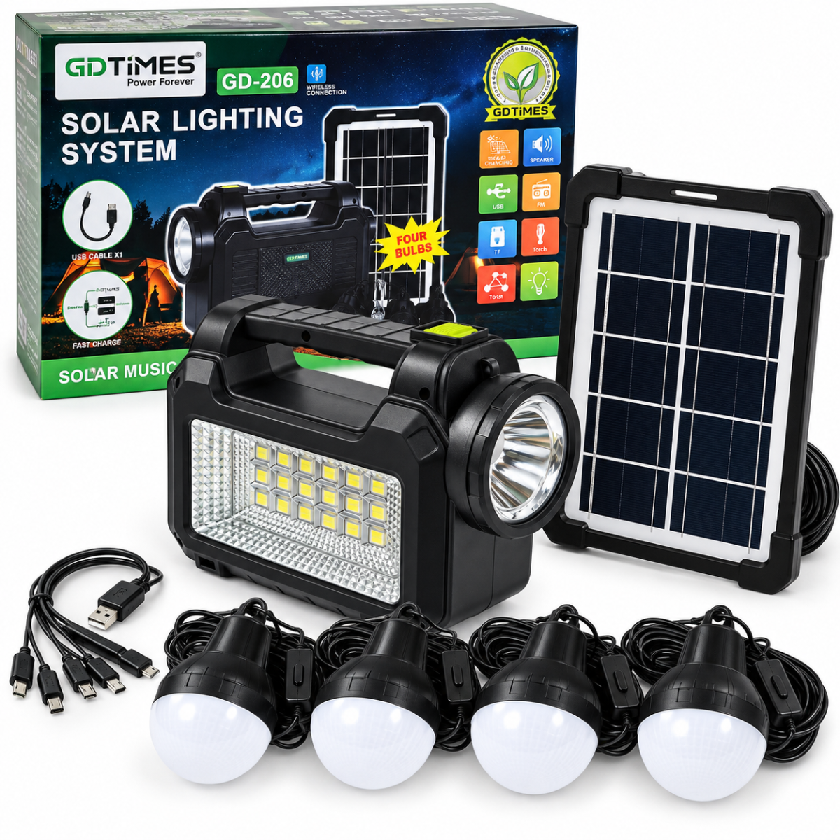 Kit Iluminación Solar GD-206 4 Bombillos LED Radio FM Linterna y Carga USB