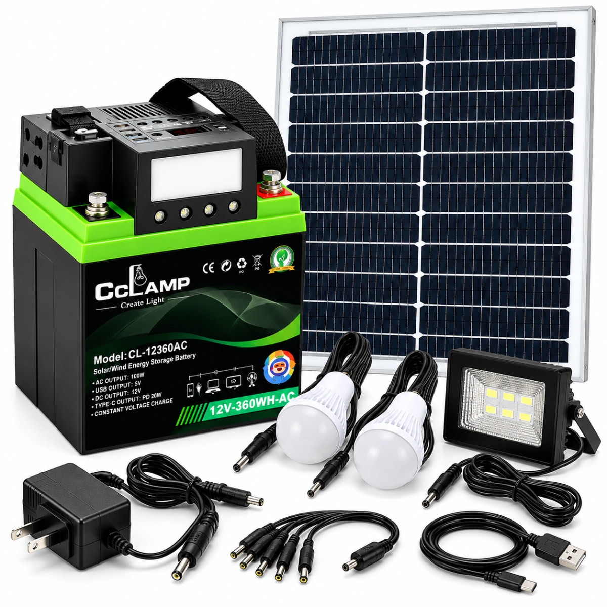 Sistema Solar Portátil CCLAMP 12V 28Ah Panel 40W 110V USB y Luces LED