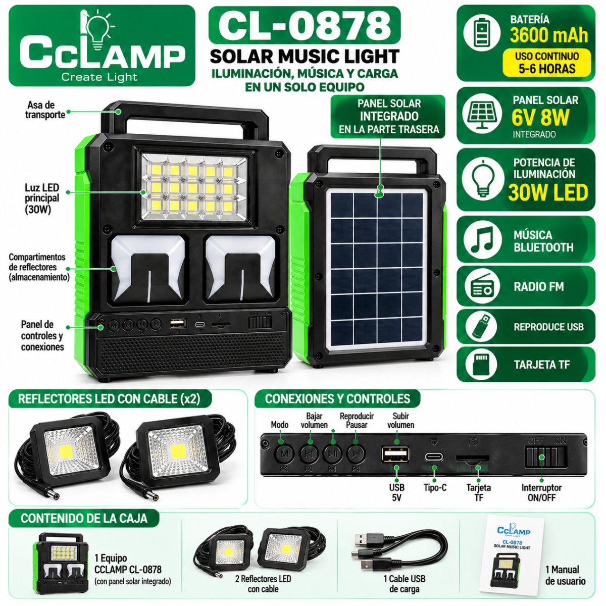 Kit Solar Bluetooth Radio FM USB Panel Solar y 2 Reflectores LED - Image 2