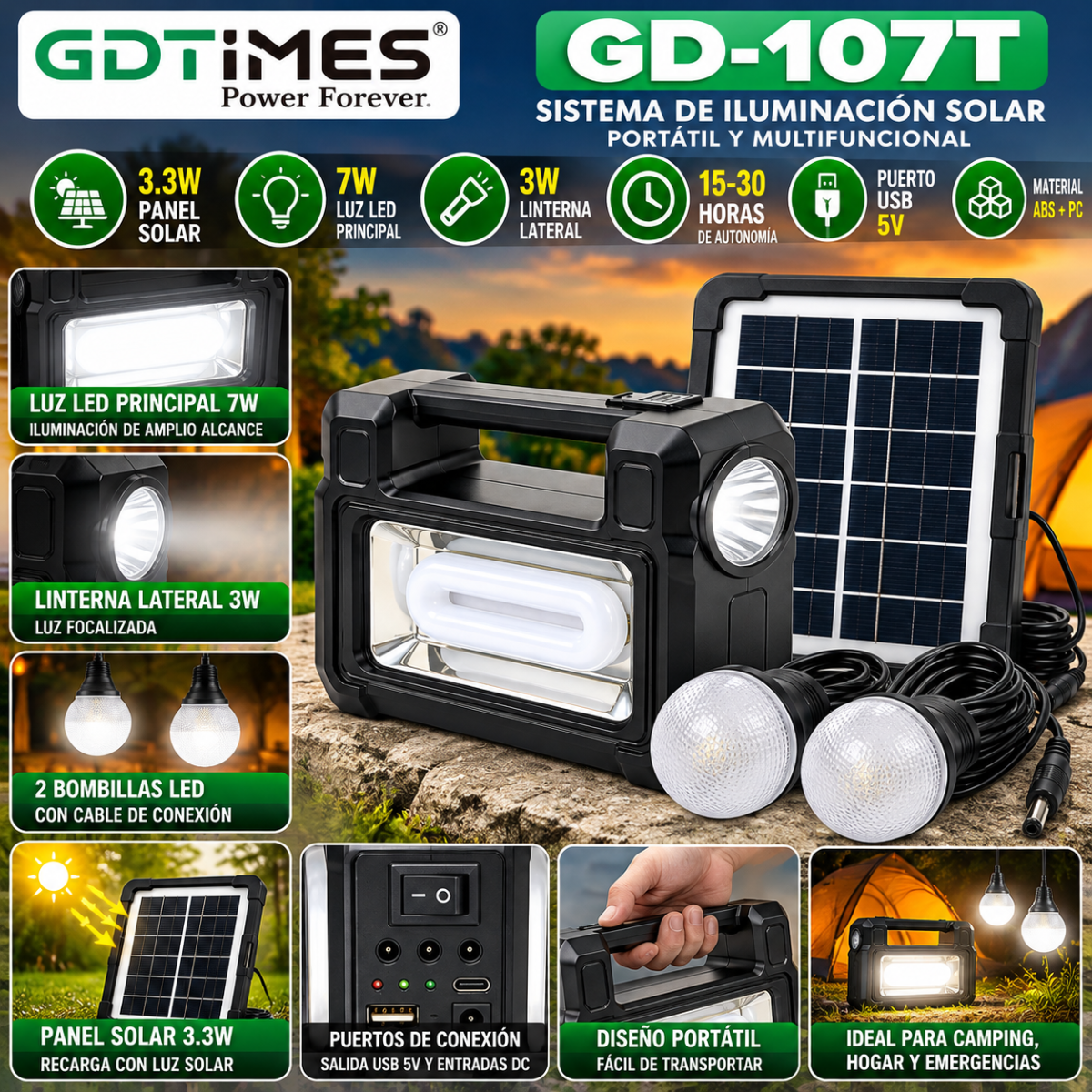 Kit Solar GDTIMES GD-107T 7W Linterna 3W Panel Solar y 2 Bombillas LED - Image 2