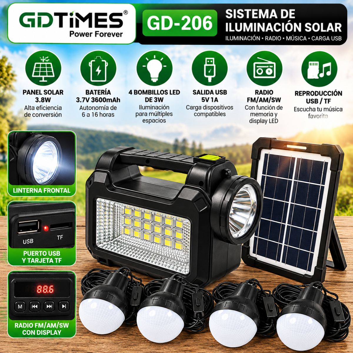Kit Iluminación Solar GD-206 4 Bombillos LED Radio FM Linterna y Carga USB - Image 2