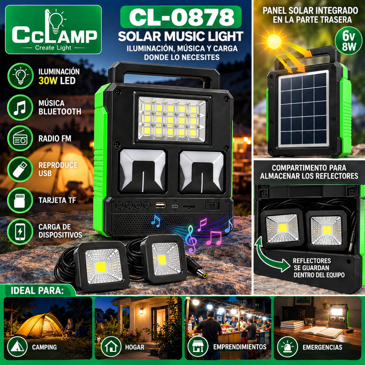 Kit Solar Bluetooth Radio FM USB Panel Solar y 2 Reflectores LED - Image 3