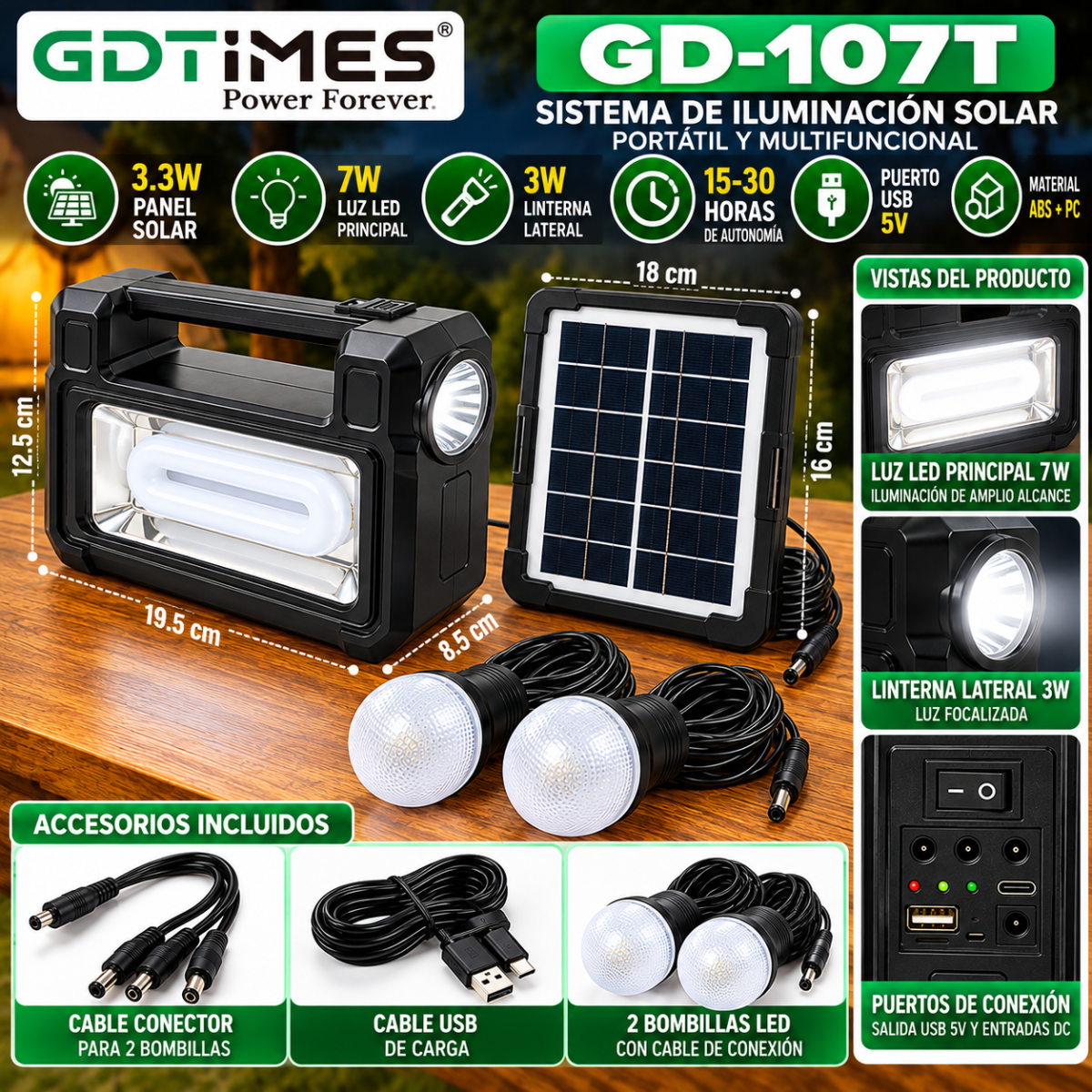 Kit Solar GDTIMES GD-107T 7W Linterna 3W Panel Solar y 2 Bombillas LED - Image 3