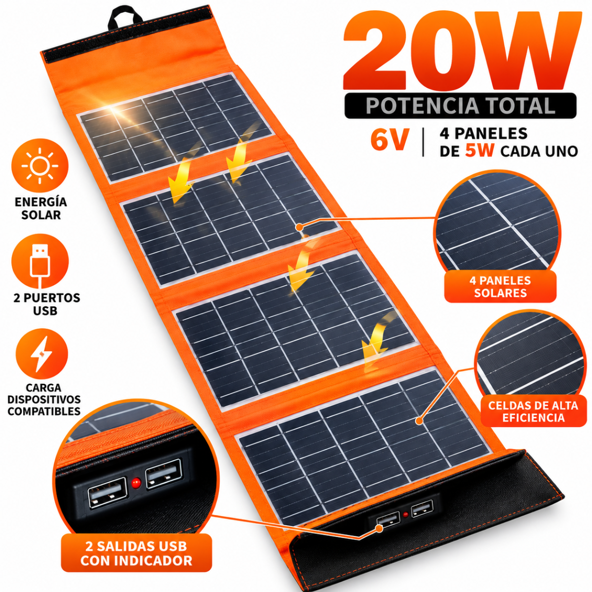 Panel Solar Plegable CCLAMP 20W 6V Con 4 Paneles Y 2 Puertos USB Para Viajes - Image 3