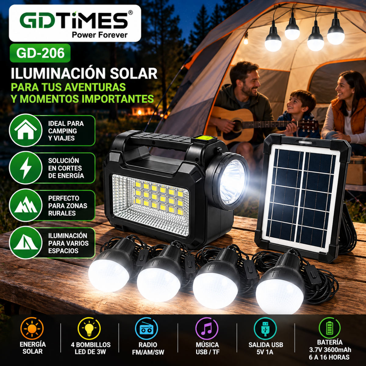 Kit Iluminación Solar GD-206 4 Bombillos LED Radio FM Linterna y Carga USB - Image 3