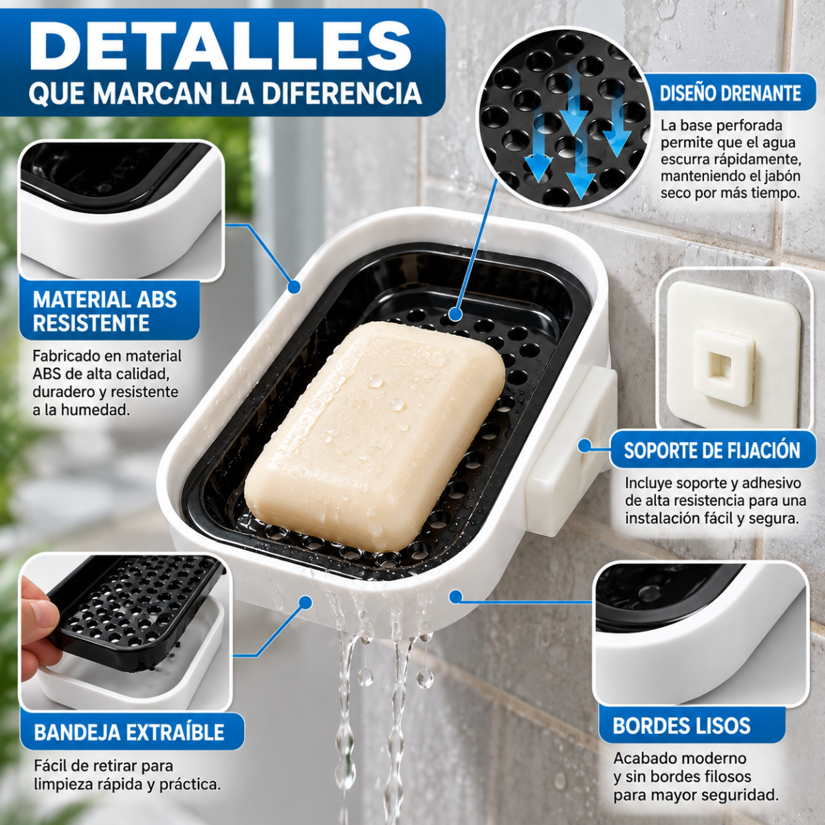 Jabonera De Pared Adhesiva Con Bandeja Drenante Para Baño Y Cocina - Image 3