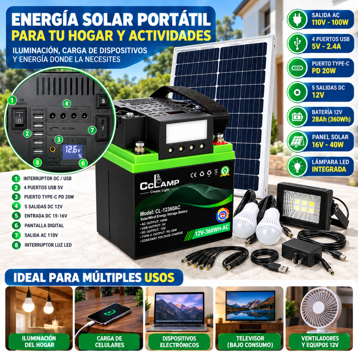 Sistema Solar Portátil CCLAMP 12V 28Ah Panel 40W 110V USB y Luces LED - Image 3