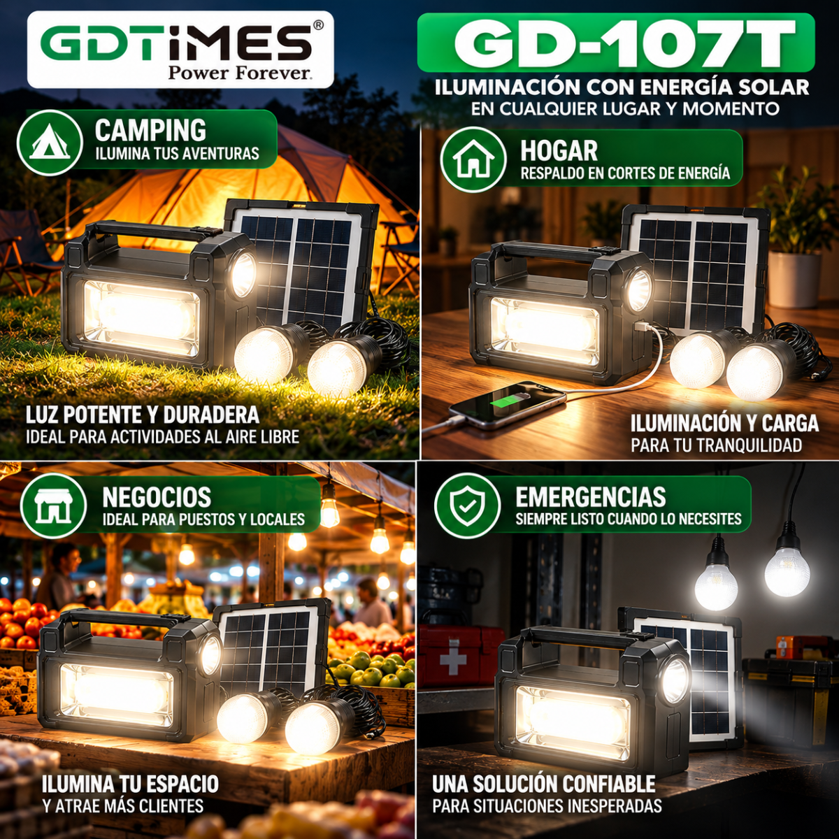 Kit Solar GDTIMES GD-107T 7W Linterna 3W Panel Solar y 2 Bombillas LED - Image 4