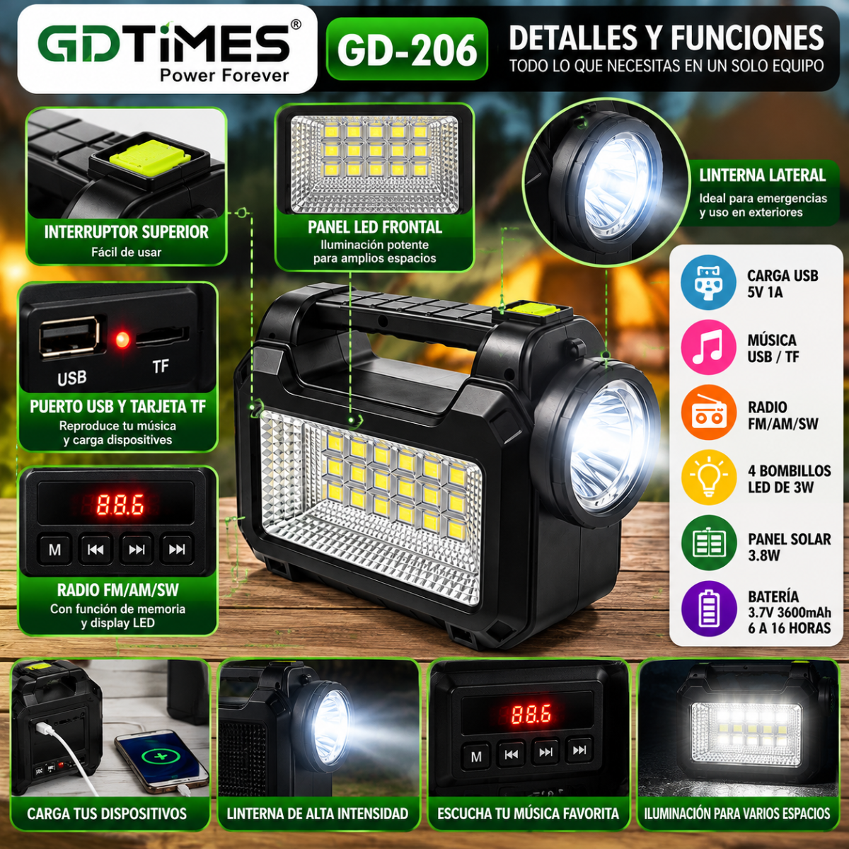 Kit Iluminación Solar GD-206 4 Bombillos LED Radio FM Linterna y Carga USB - Image 4