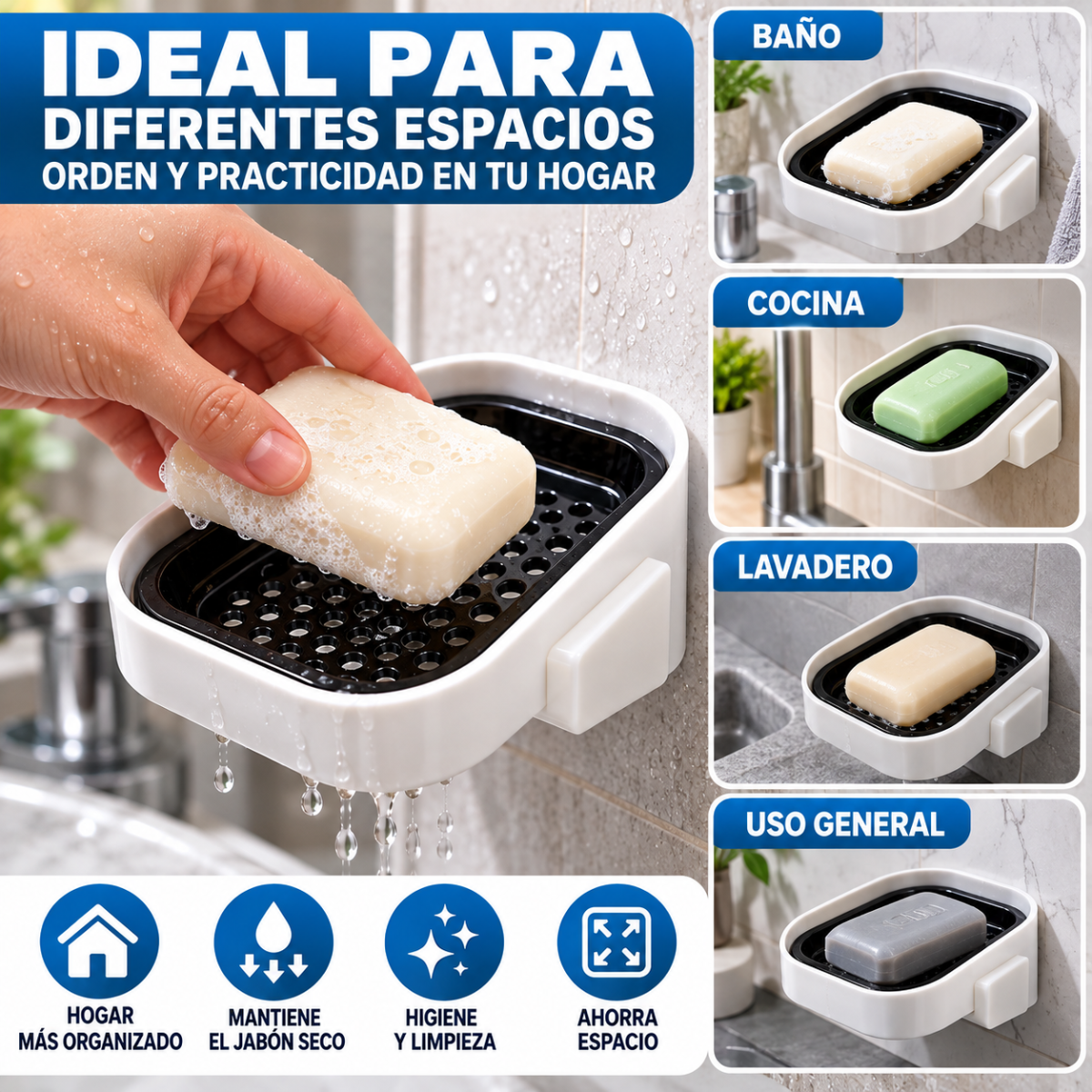 Jabonera De Pared Adhesiva Con Bandeja Drenante Para Baño Y Cocina - Image 4