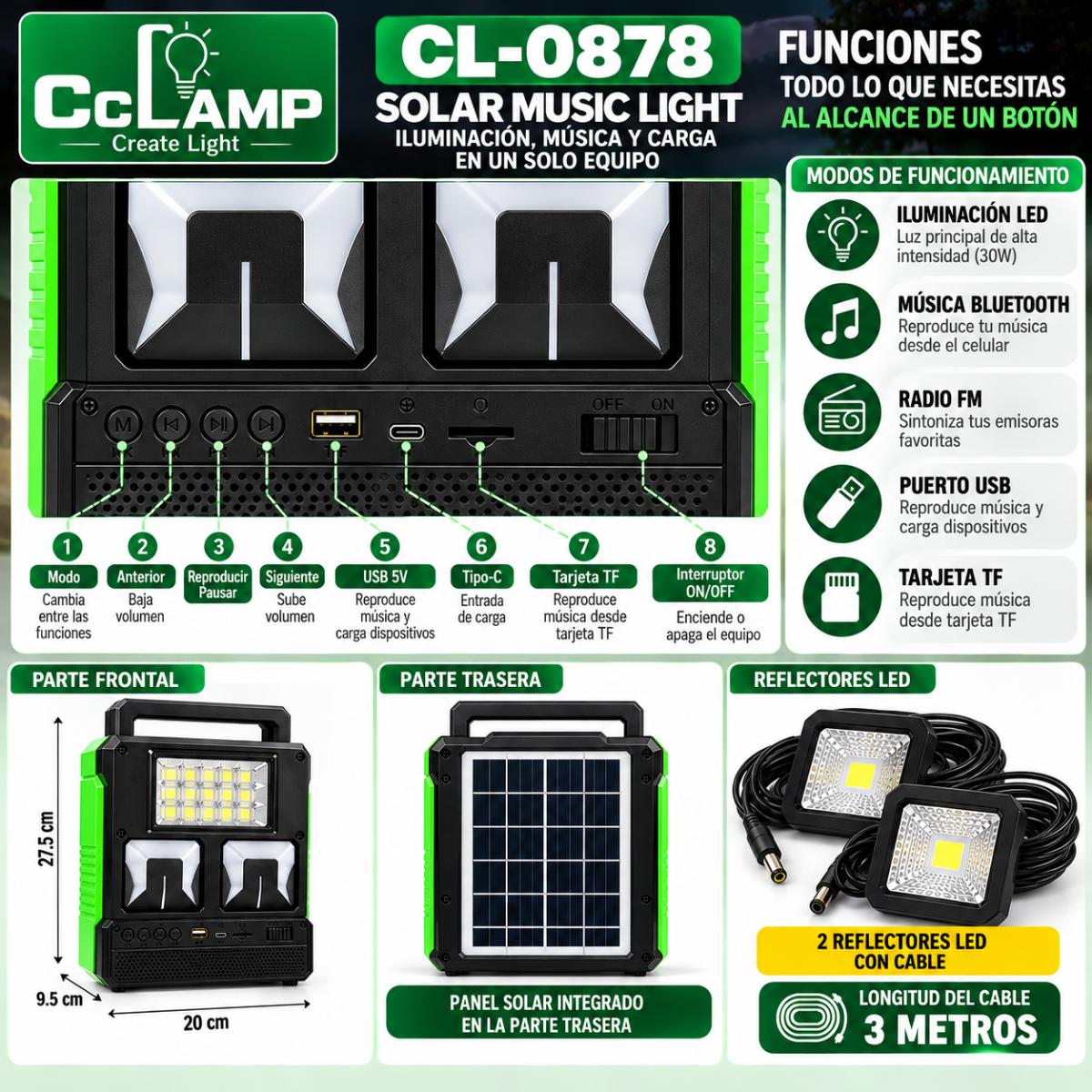 Kit Solar Bluetooth Radio FM USB Panel Solar y 2 Reflectores LED - Image 5