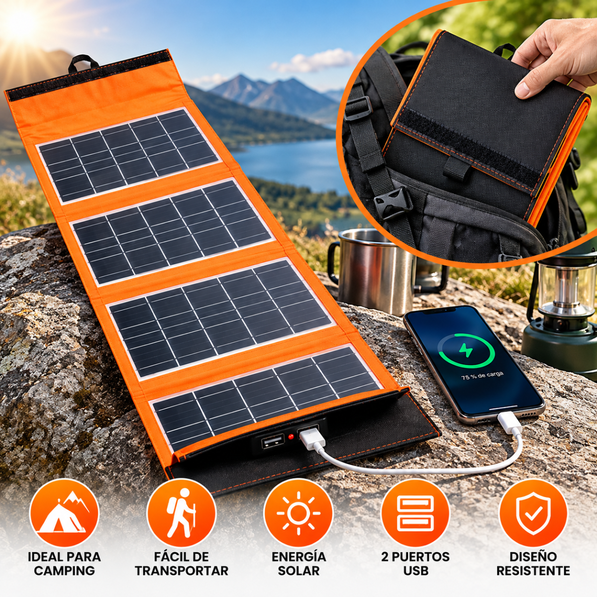 Panel Solar Plegable CCLAMP 20W 6V Con 4 Paneles Y 2 Puertos USB Para Viajes - Image 5