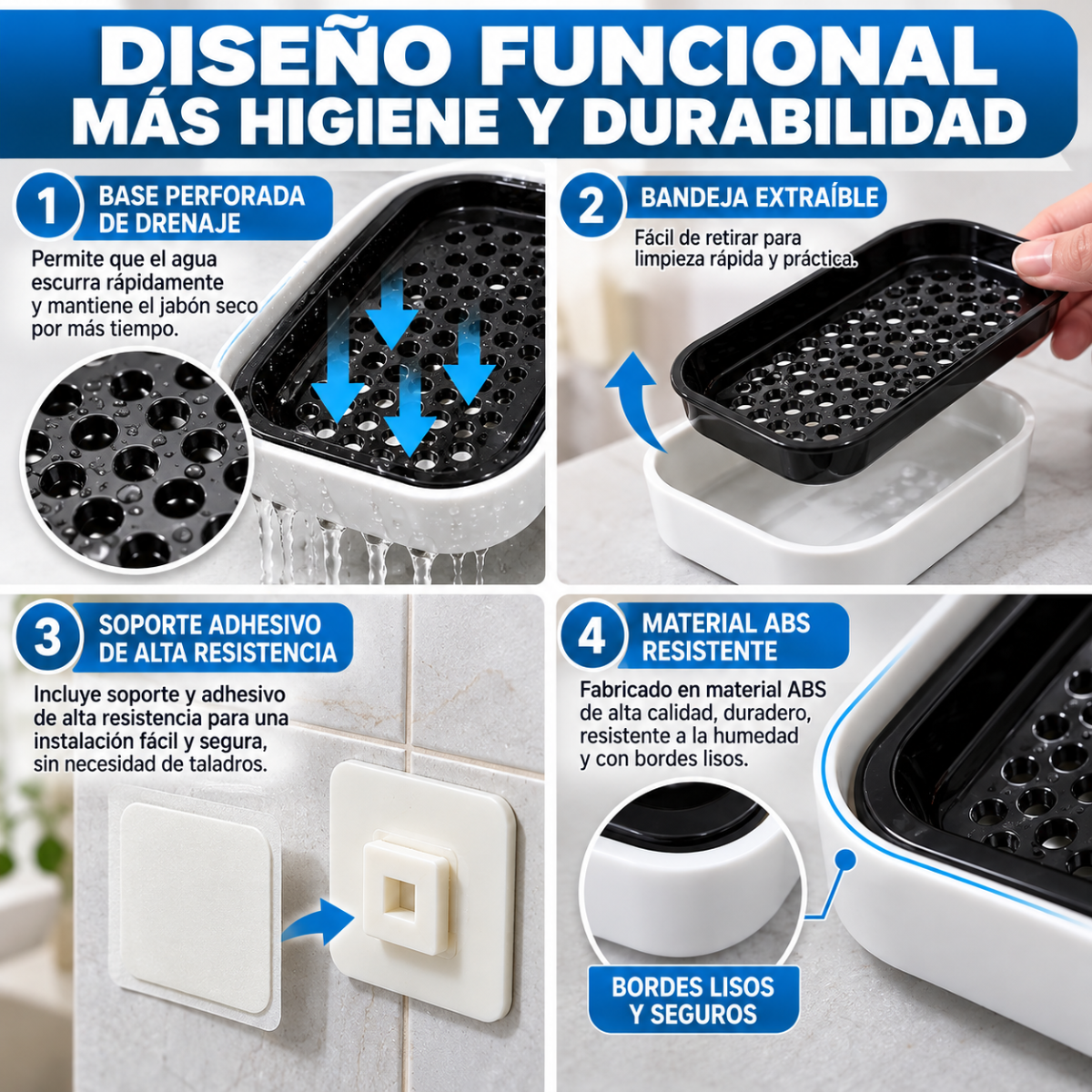 Jabonera De Pared Adhesiva Con Bandeja Drenante Para Baño Y Cocina - Image 5