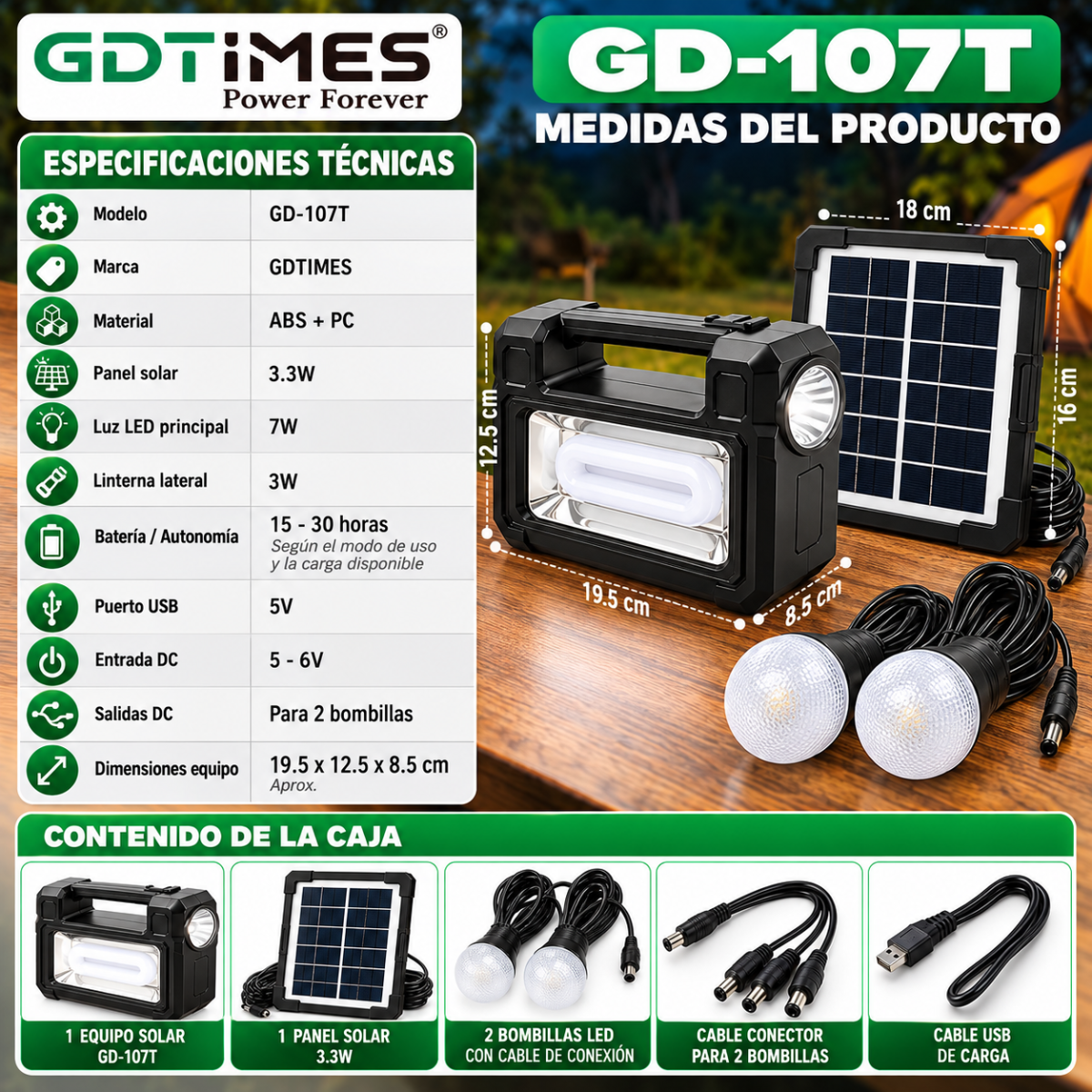 Kit Solar GDTIMES GD-107T 7W Linterna 3W Panel Solar y 2 Bombillas LED - Image 6