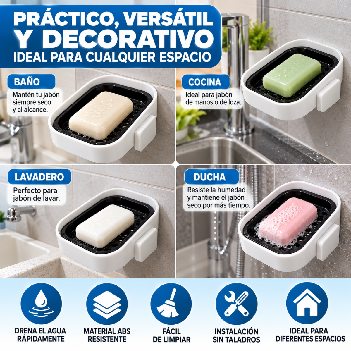 Jabonera De Pared Adhesiva Con Bandeja Drenante Para Baño Y Cocina - Image 6