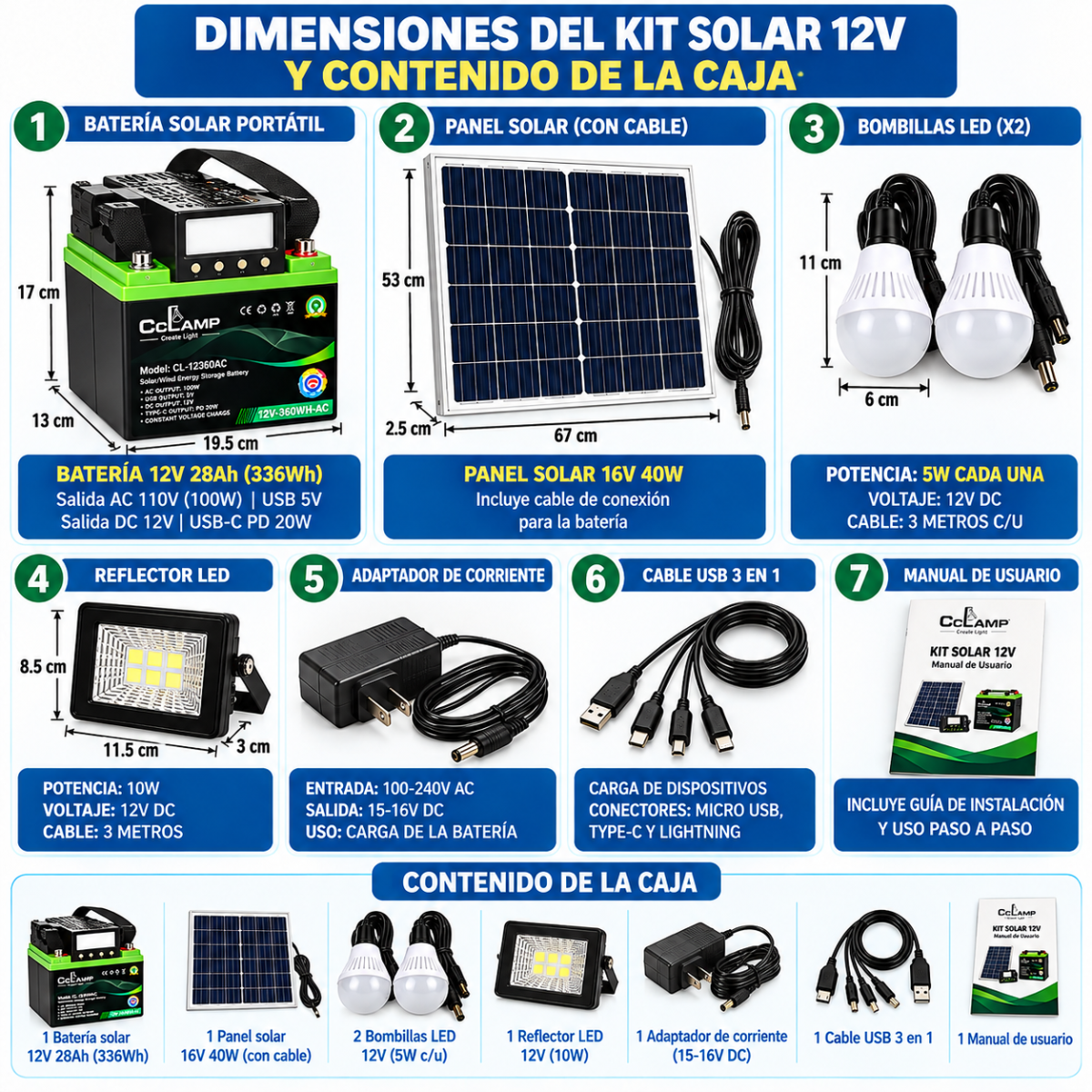 Sistema Solar Portátil CCLAMP 12V 28Ah Panel 40W 110V USB y Luces LED - Image 7