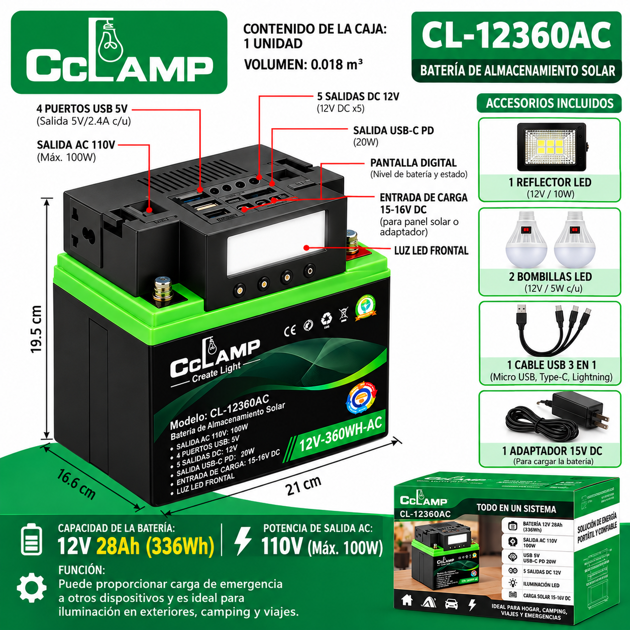 Sistema Solar Portátil CCLAMP 12V 28Ah Panel 40W 110V USB y Luces LED - Image 8