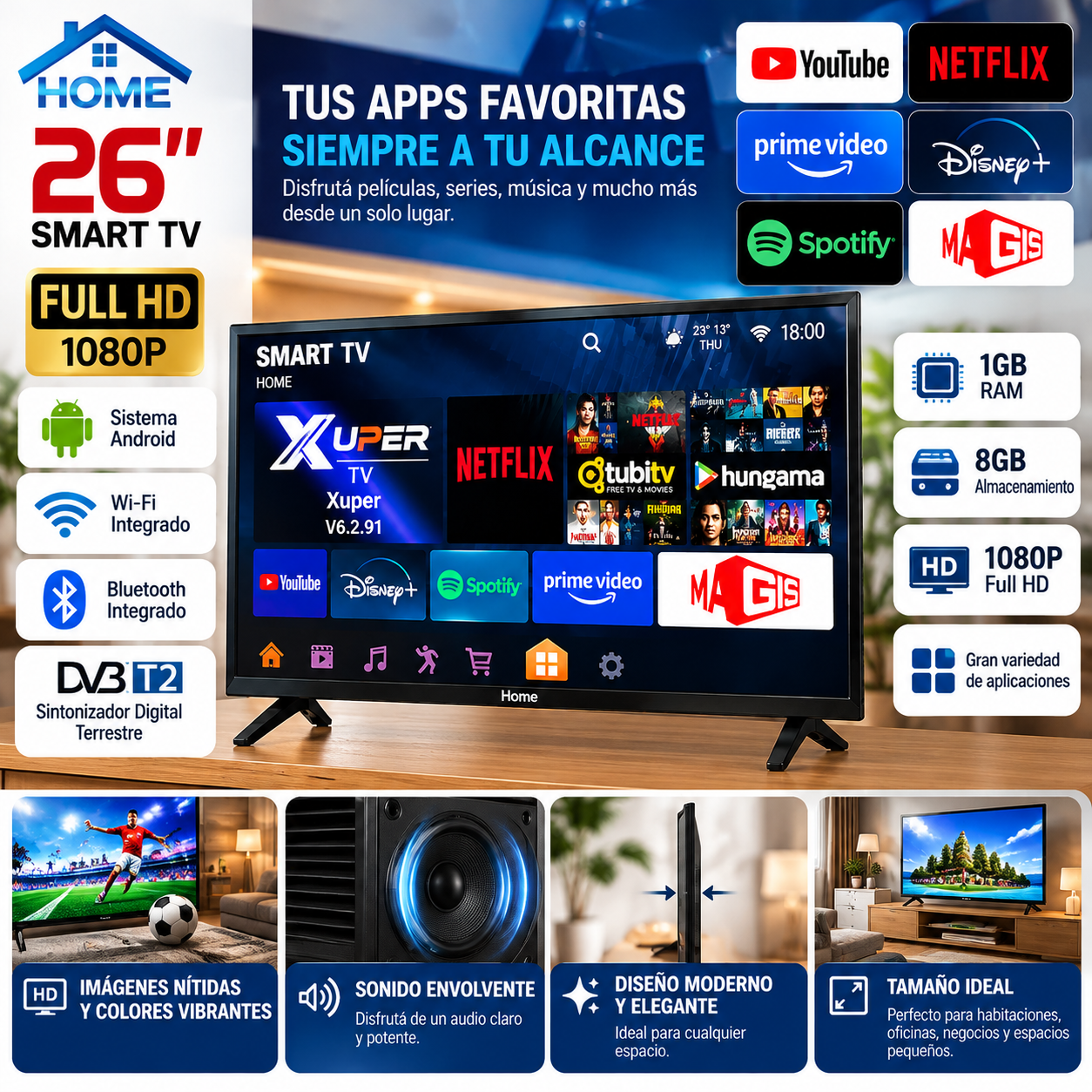 Televisor Smart TV Home 26 Pulgadas Full HD WiFi Bluetooth HDMI USB - Image 3