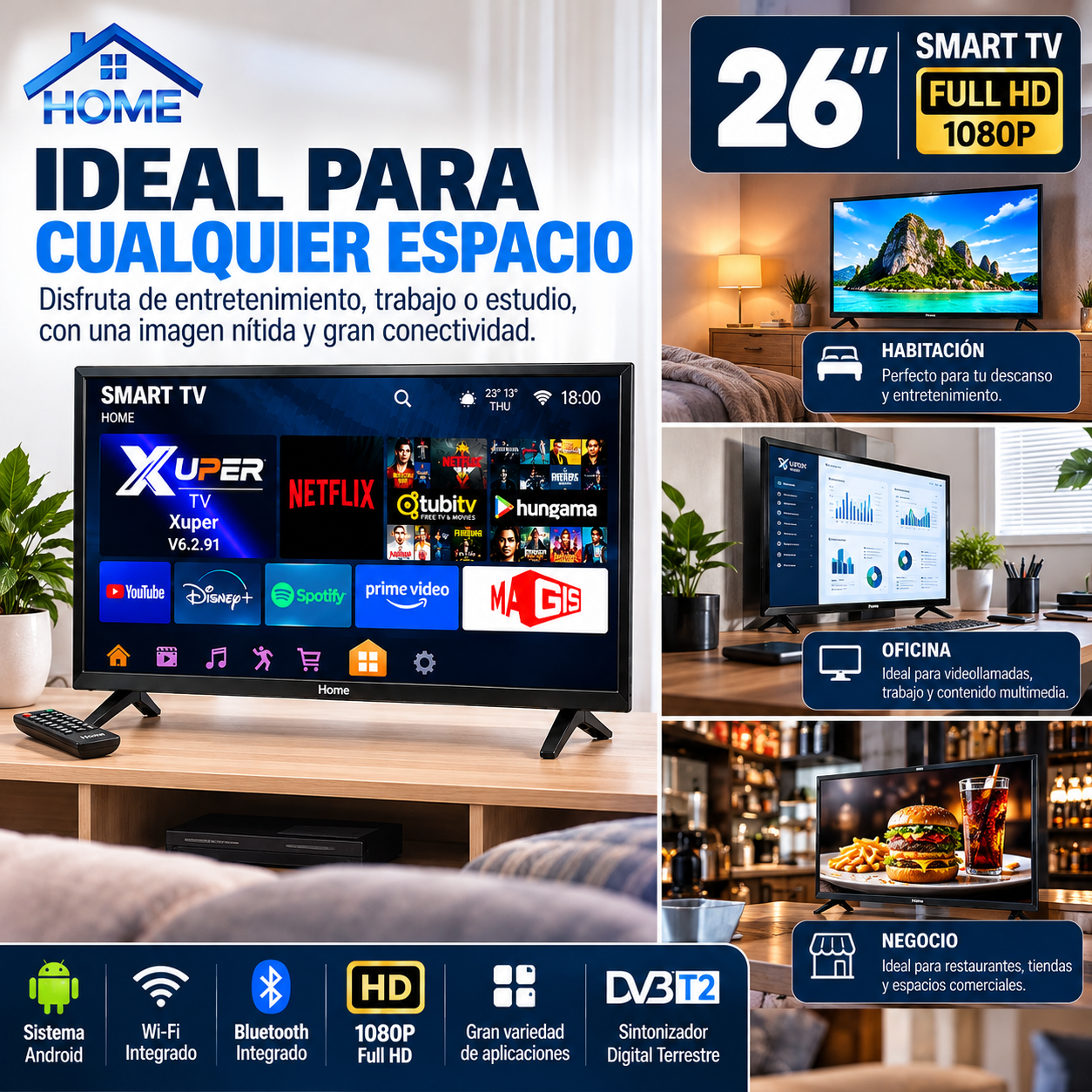 Televisor Smart TV Home 26 Pulgadas Full HD WiFi Bluetooth HDMI USB - Image 2