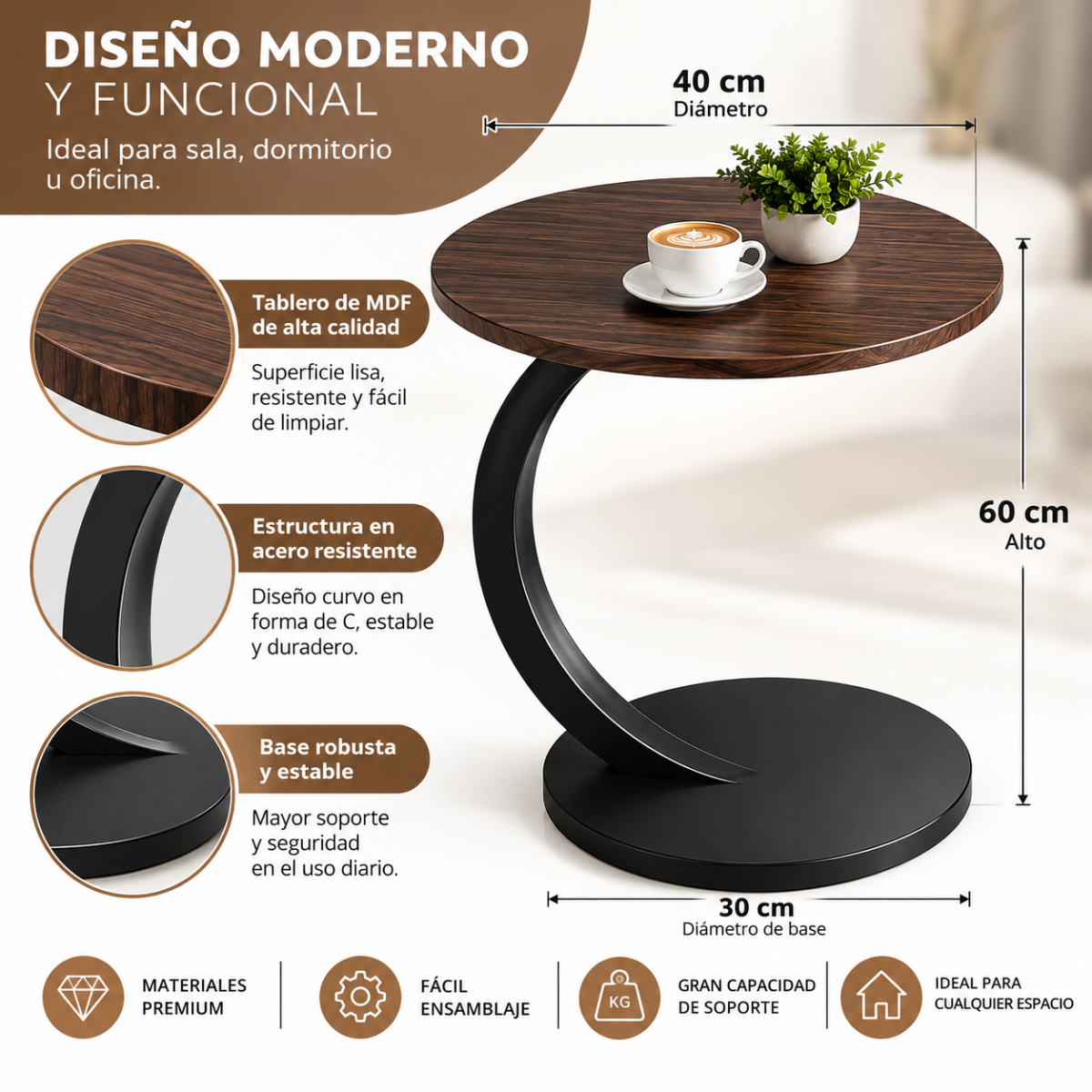 Mesa Auxiliar Redonda Tipo C Para Sofá Sala Moderna 60 Cm - Image 10